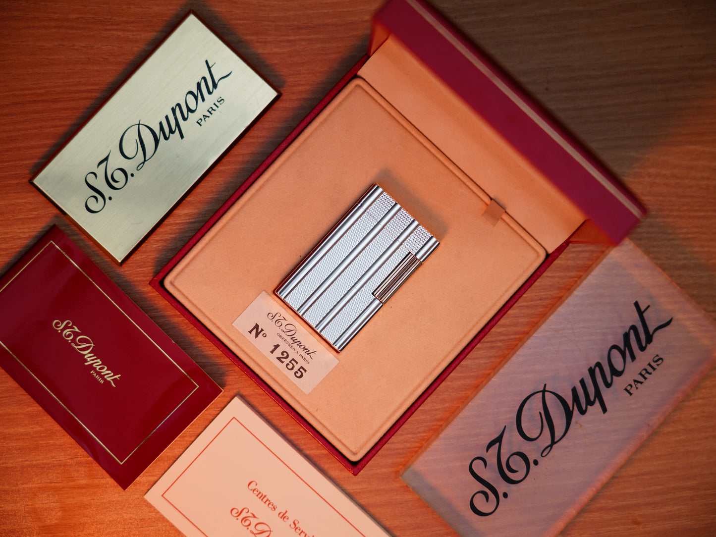 Vintage 1980 St Dupont Ligne 1 Heavy Silver Finish Large Size Rare Vertical line Pipe Flame / with box and documents