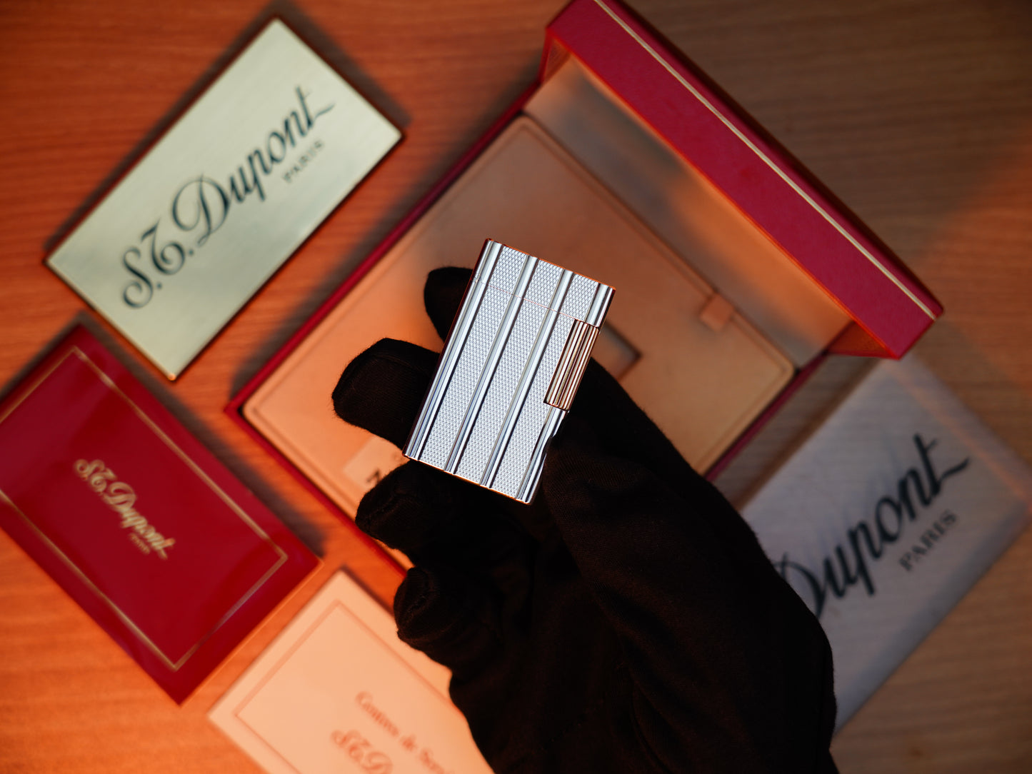 Vintage 1980 St Dupont Ligne 1 Heavy Silver Finish Large Size Rare Vertical line Pipe Flame / with box and documents