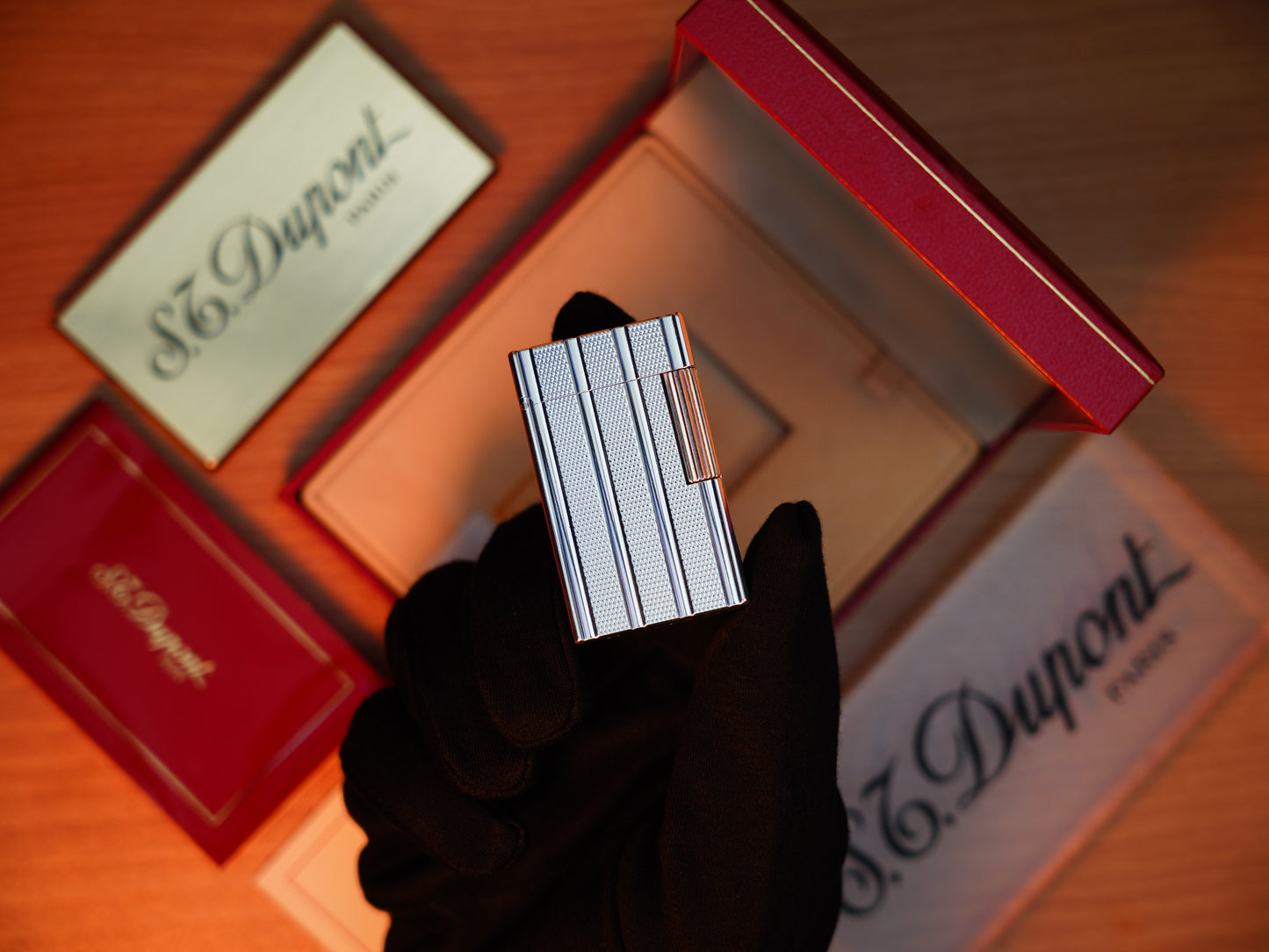 Vintage 1980 St Dupont Ligne 1 Heavy Silver Finish Large Size Rare Vertical line Pipe Flame / with box and documents