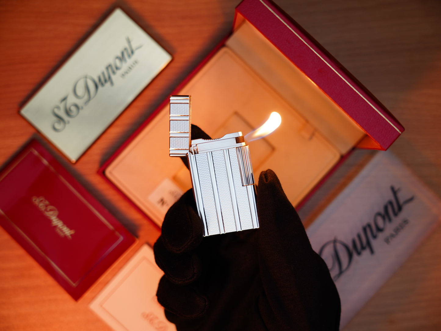 Vintage 1980 St Dupont Ligne 1 Heavy Silver Finish Large Size Rare Vertical line Pipe Flame / with box and documents