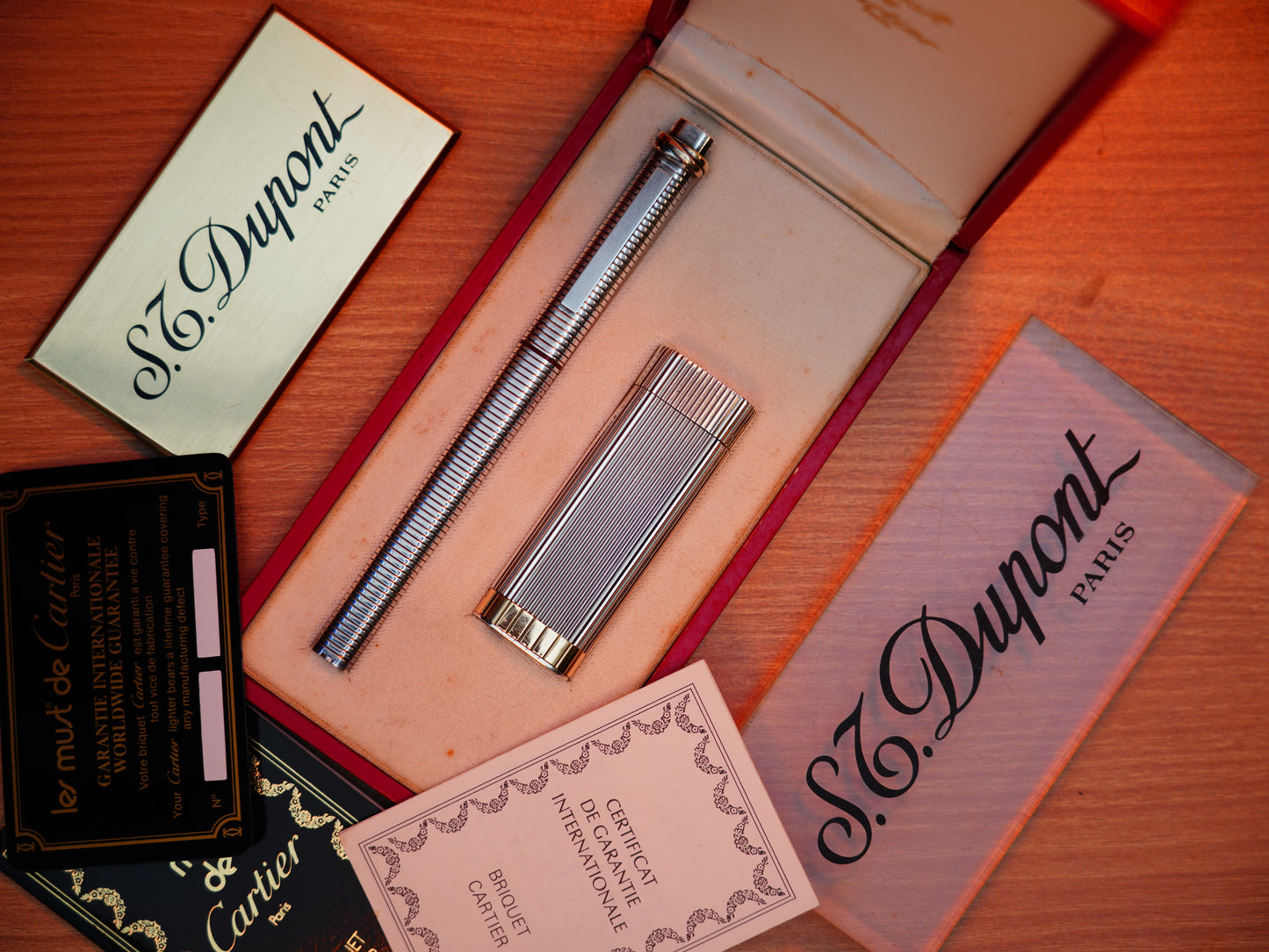 Vintage Cartier 1970 Solid 925 Sterling Silver & Gold Lighter and Marker Pen Set – Full Box and Papers