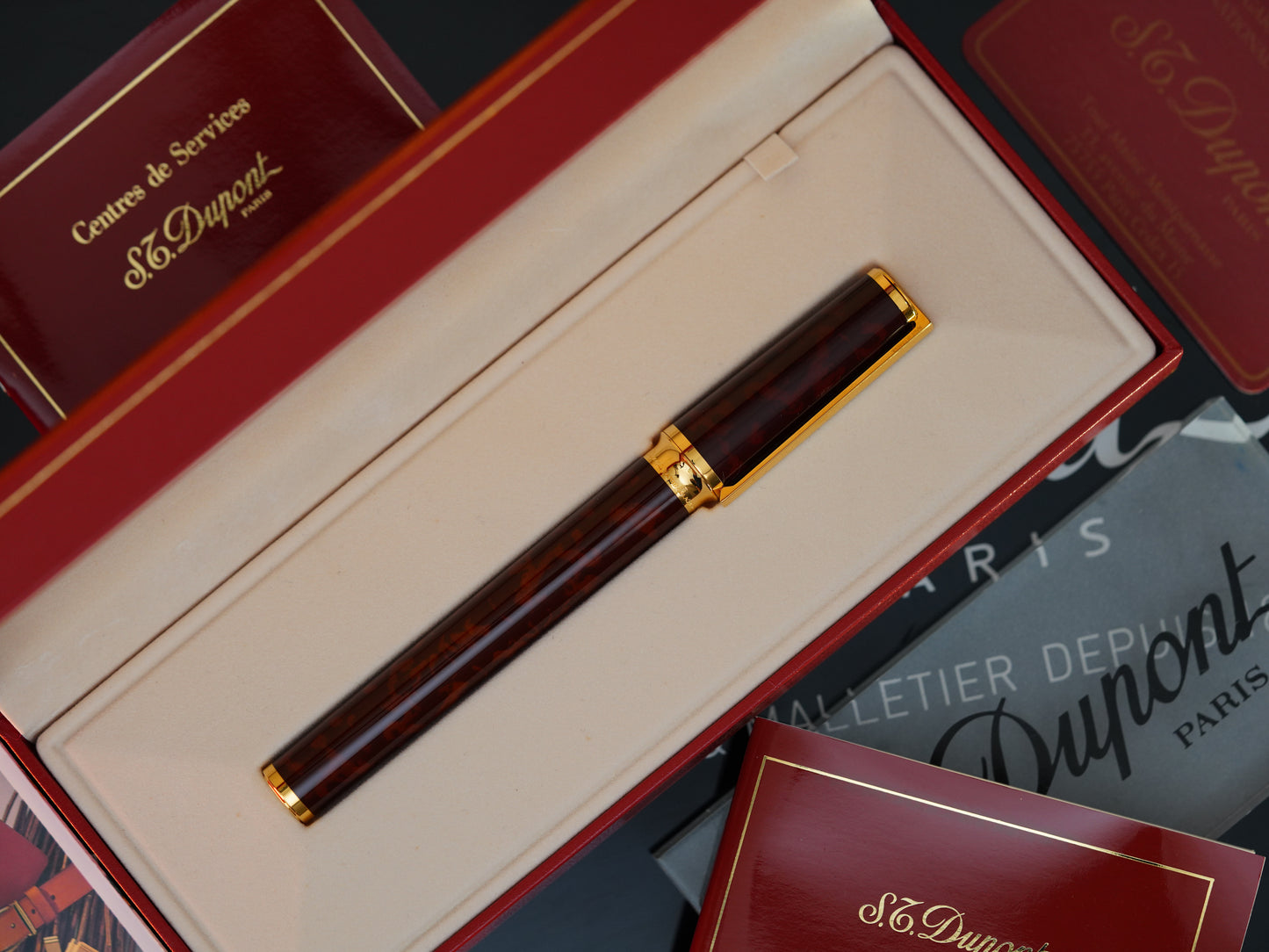 Vintage St Dupont Luxury 24k Gold Finish Natural Lacquer 18k Solid Gold Nib M Fountain Pen