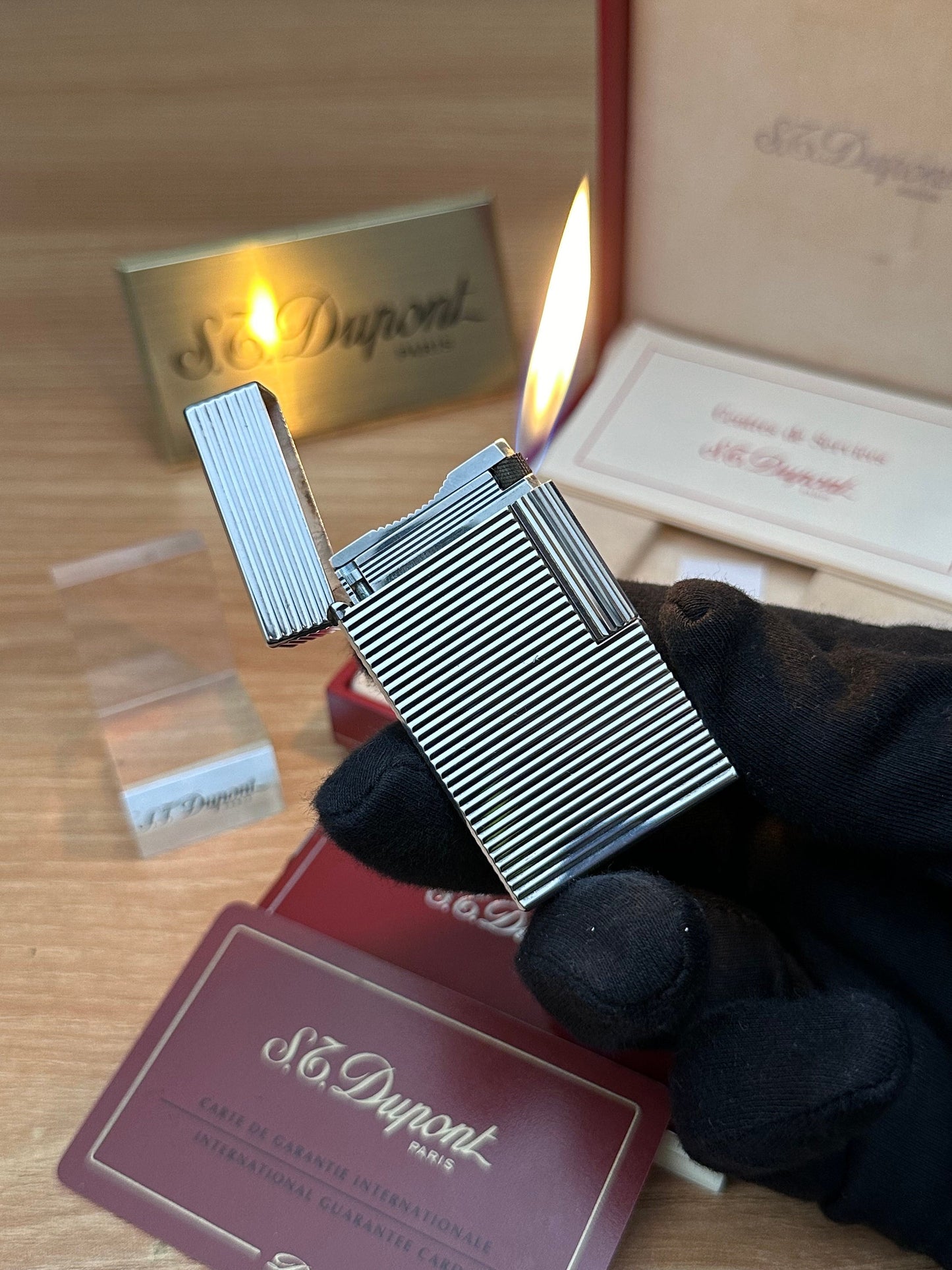 Vintage 1990 St dupont line 1 Heavy Silver Plated working perfect Rare pipe flame / full set with box and documents / pre-owned with initial