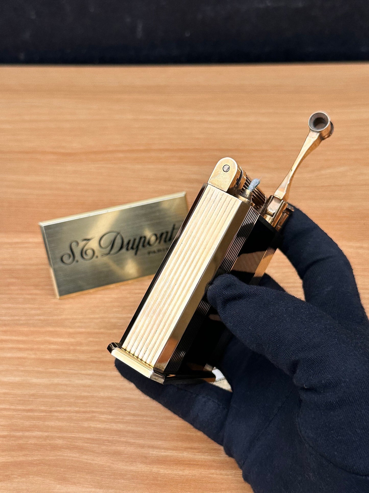antique 1940 St Dupont Jeroboam Gold Finish Lacquered Petrol Table lighter / amazing condition working perfect