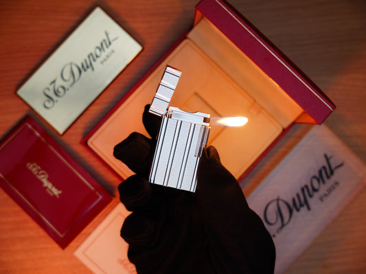 Vintage 1980 St Dupont Ligne 1 Heavy Silver Finish Large Size Rare Vertical line Pipe Flame / with box and documents