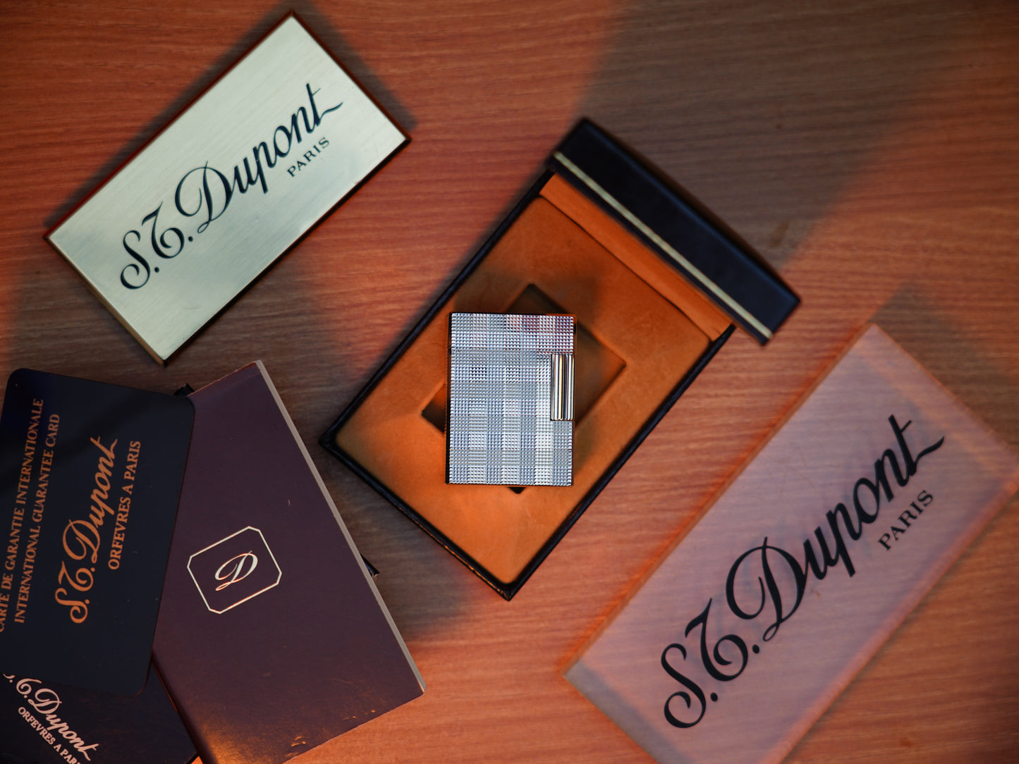 Vintage 1980 St Dupont Ligne 1 Heavy Silver Finish Small Size Micro Dots Pattern / Full Set with box and document