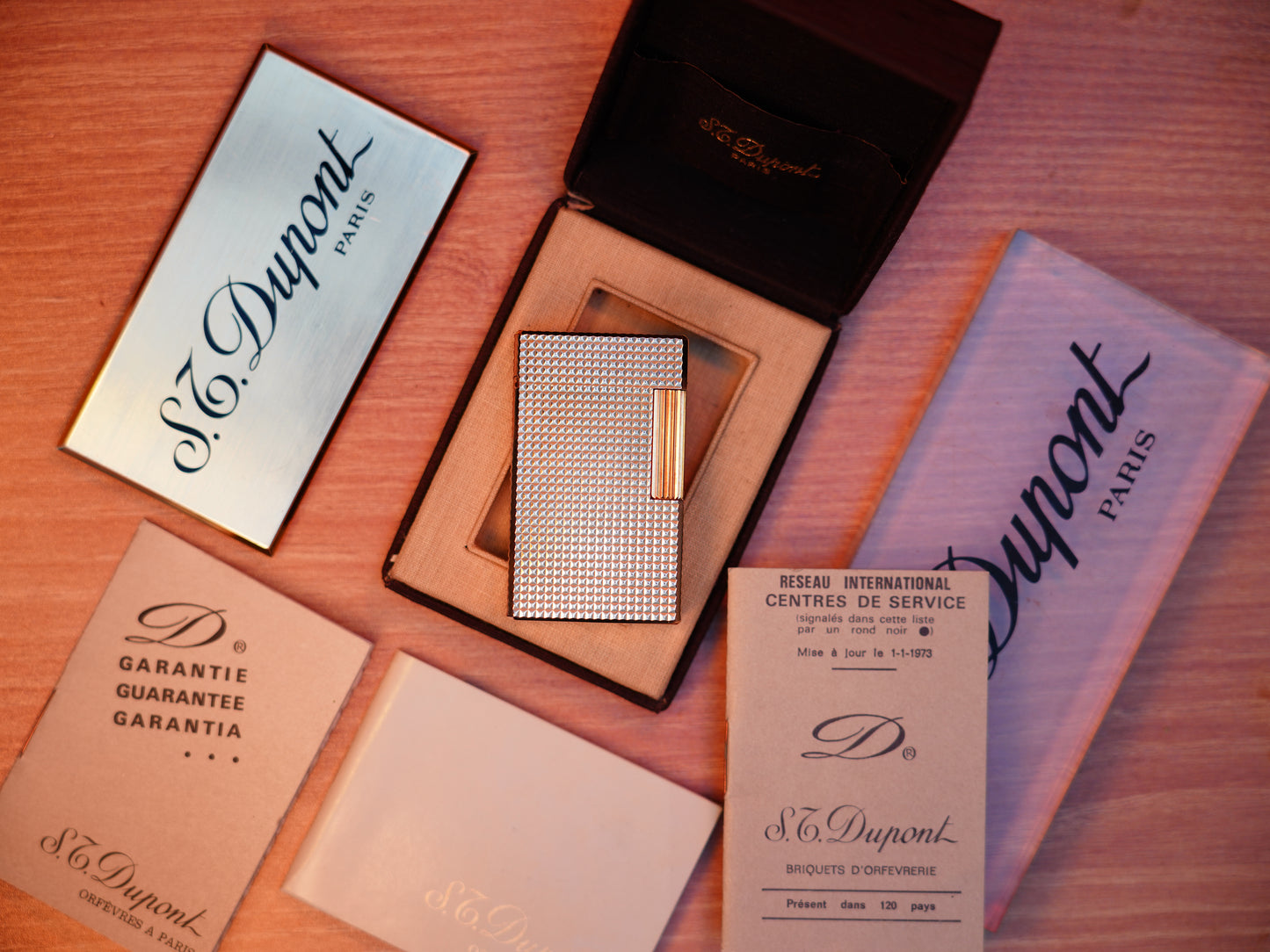 Vintage 1980 St Dupont Ligne 1 Heavy 24k Gold Finish Large Size Diamond pattern / Full Set with box and document