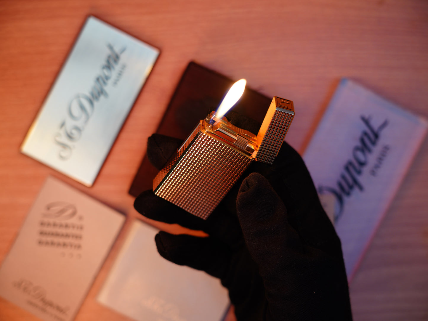 Vintage 1980 St Dupont Ligne 1 Heavy 24k Gold Finish Large Size Diamond pattern / Full Set with box and document