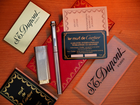 Vintage Cartier 1970 Solid 925 Sterling Silver & Gold Lighter and Marker Pen Set – Full Box and Papers