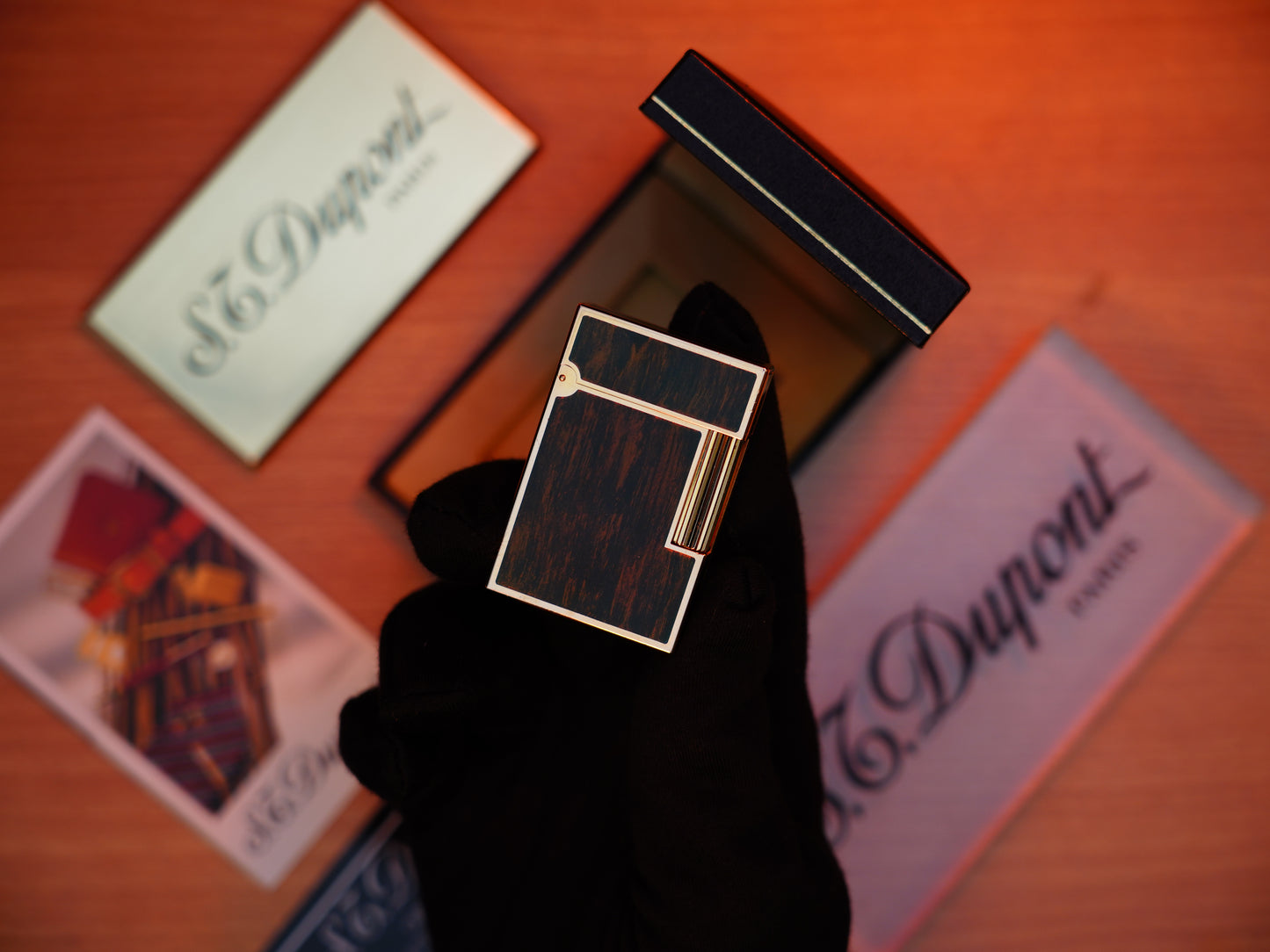 Vintage 1970 St Dupont Ligne 2 Heavy Gold Finish and real Wood Lacquer Medium Size / With box and document