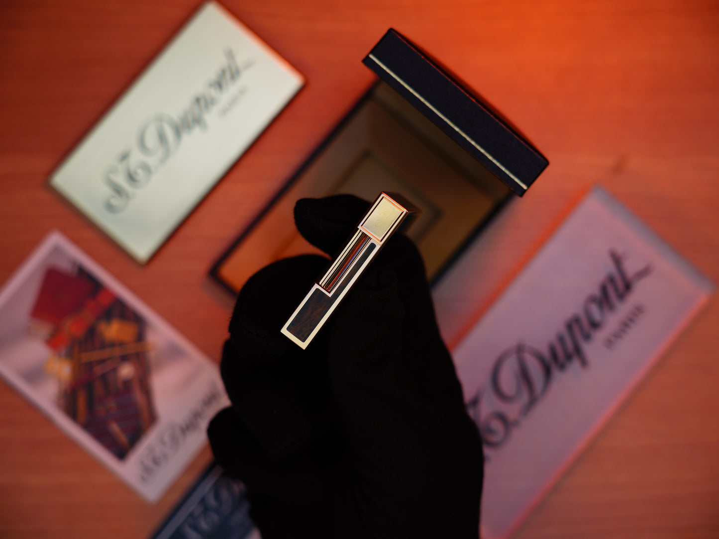 Vintage 1970 St Dupont Ligne 2 Heavy Gold Finish and real Wood Lacquer Medium Size / With box and document