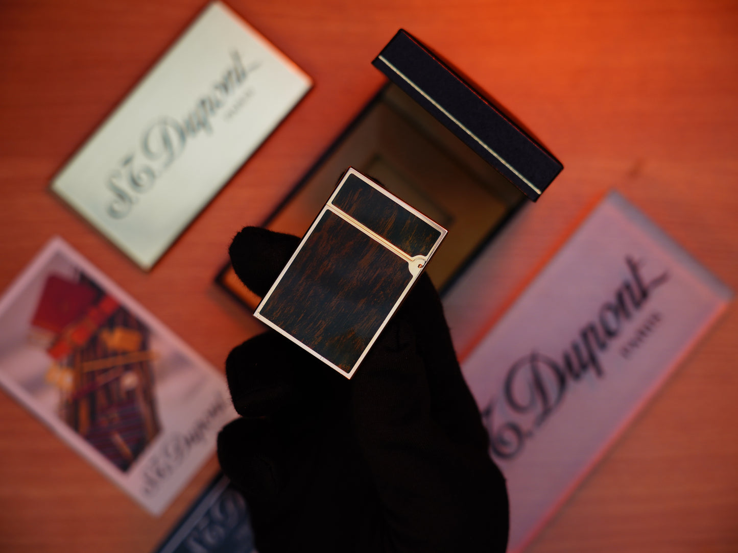 Vintage 1970 St Dupont Ligne 2 Heavy Gold Finish and real Wood Lacquer Medium Size / With box and document