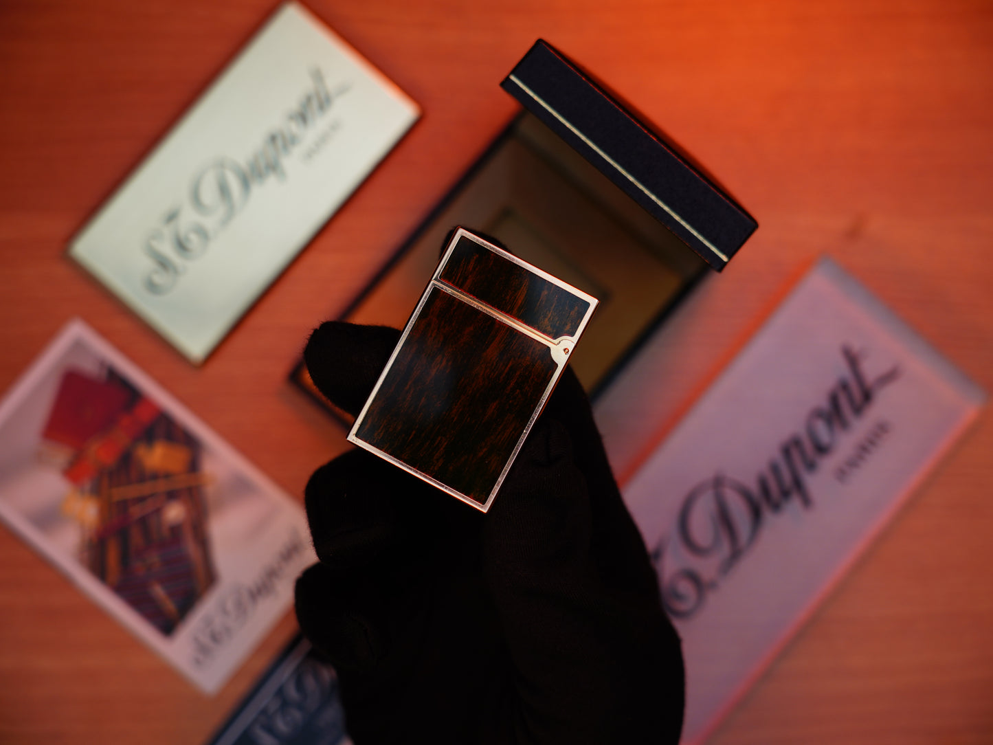 Vintage 1970 St Dupont Ligne 2 Heavy Gold Finish and real Wood Lacquer Medium Size / With box and document