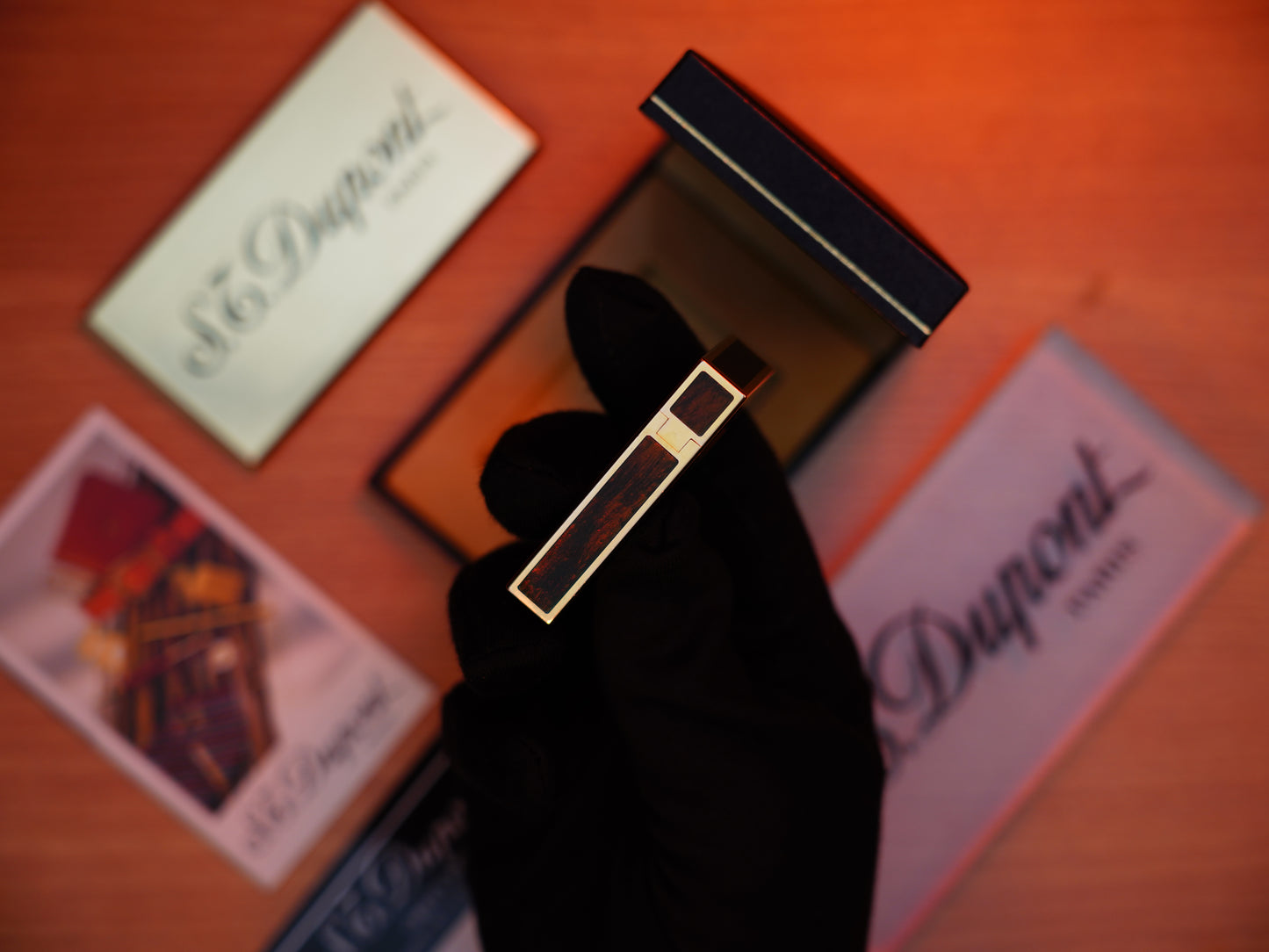 Vintage 1970 St Dupont Ligne 2 Heavy Gold Finish and real Wood Lacquer Medium Size / With box and document