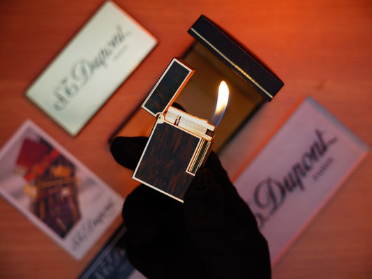 Vintage 1970 St Dupont Ligne 2 Heavy Gold Finish and real Wood Lacquer Medium Size / With box and document