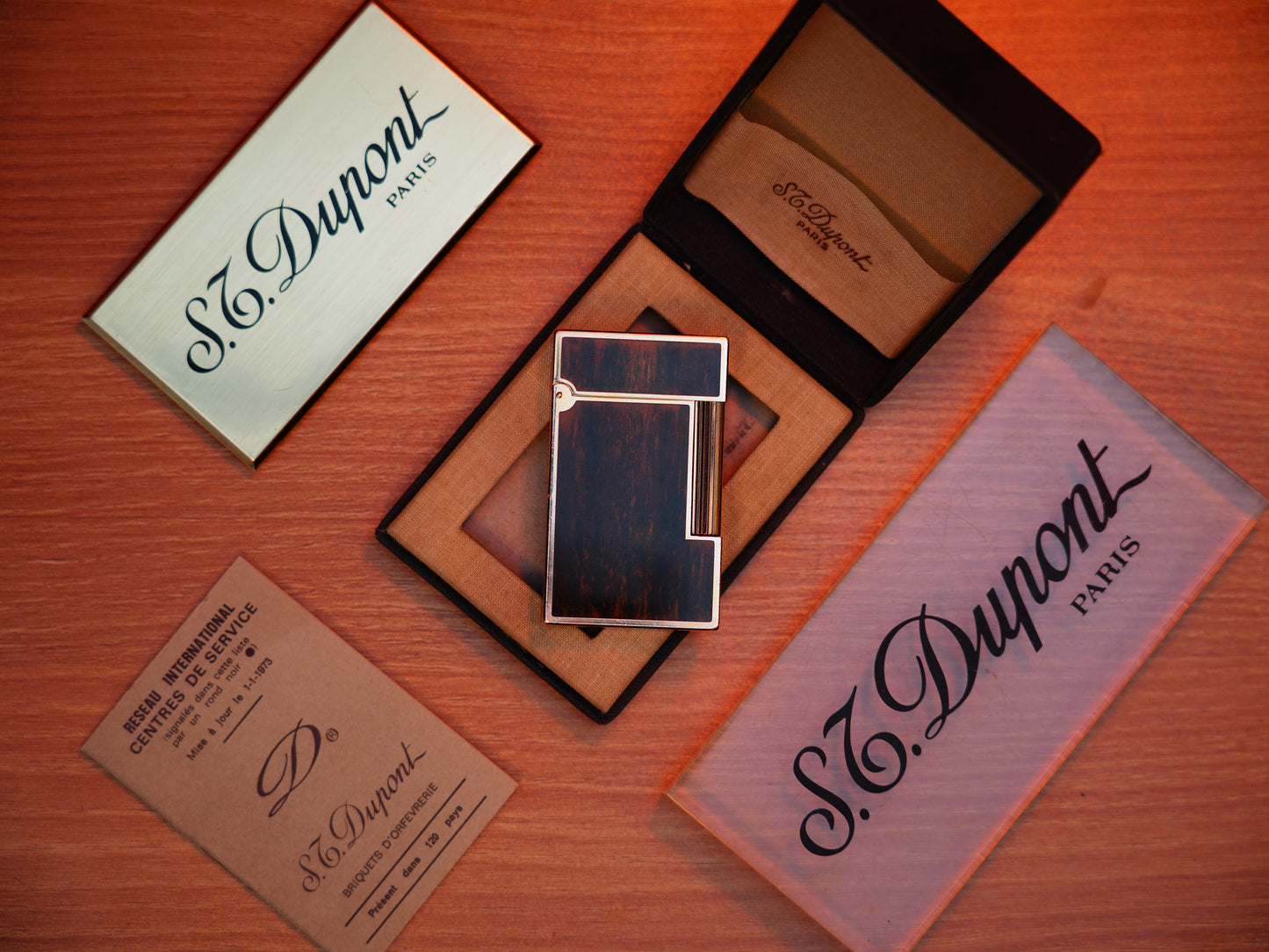 Vintage 1970 St Dupont Ligne 2 Heavy Gold Finish and real Wood Lacquer Large Size / With box and document