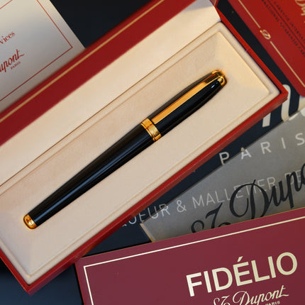Vintage 1980 S.T. Dupont Fidelio Fountain Pen – Natural Black Lacquer – Hallmarked 14K Solid Gold Nib – Full Set NOS