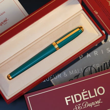 Vintage 1980 S.T. Dupont Fidelio Fountain Pen – Turquoise-Green Natural Lacquer – Hallmarked 14K Solid Gold Nib – Full Set NOS