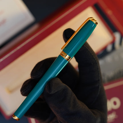 Vintage 1980 S.T. Dupont Fidelio Fountain Pen – Turquoise-Green Natural Lacquer – Hallmarked 14K Solid Gold Nib – Full Set NOS