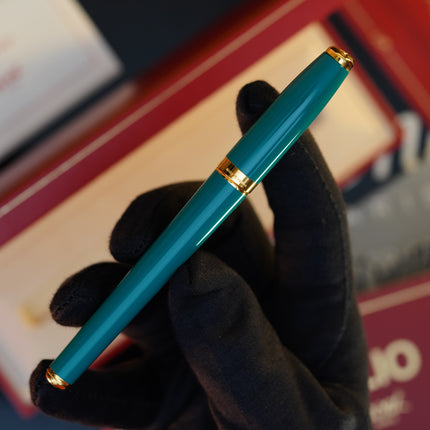Vintage 1980 S.T. Dupont Fidelio Fountain Pen – Turquoise-Green Natural Lacquer – Hallmarked 14K Solid Gold Nib – Full Set NOS