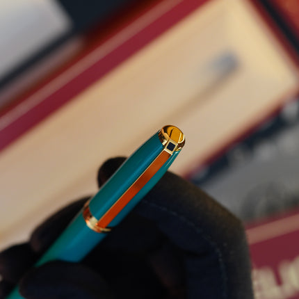 Vintage 1980 S.T. Dupont Fidelio Fountain Pen – Turquoise-Green Natural Lacquer – Hallmarked 14K Solid Gold Nib – Full Set NOS