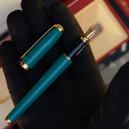Vintage 1980 S.T. Dupont Fidelio Fountain Pen – Turquoise-Green Natural Lacquer – Hallmarked 14K Solid Gold Nib – Full Set NOS