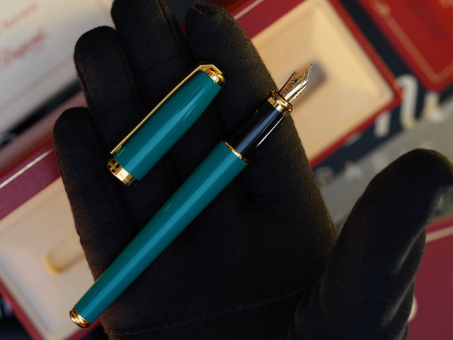 Vintage 1980 S.T. Dupont Fidelio Fountain Pen – Turquoise-Green Natural Lacquer – Hallmarked 14K Solid Gold Nib – Full Set NOS