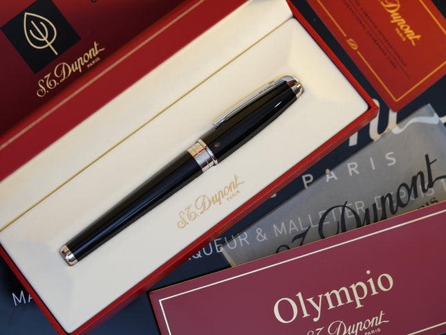 Vintage 1980 S.T. Dupont Fat Olympio Fountain Pen – Natural Black Lacquer – 18K Solid Gold Fine Nib – Luxury Collectible