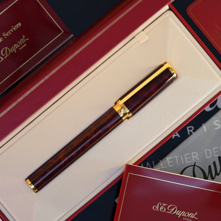 Vintage 1980s S.T. Dupont Montparnasse Fountain Pen – Tortoiseshell Natural Lacquer & 24K Gold Finish – Hallmarked 18K Solid Gold Nib (M) – Full Set NOS