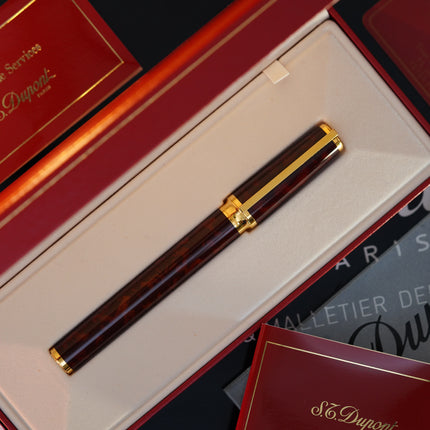 Vintage 1980s S.T. Dupont Montparnasse Fountain Pen – Tortoiseshell Natural Lacquer & 24K Gold Finish – Hallmarked 18K Solid Gold Nib (M) – Full Set NOS
