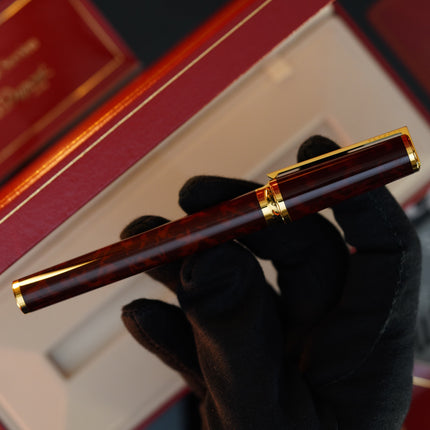 Vintage 1980s S.T. Dupont Montparnasse Fountain Pen – Tortoiseshell Natural Lacquer & 24K Gold Finish – Hallmarked 18K Solid Gold Nib (M) – Full Set NOS