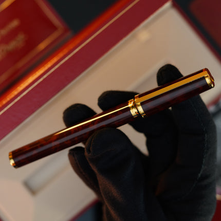 Vintage 1980s S.T. Dupont Montparnasse Fountain Pen – Tortoiseshell Natural Lacquer & 24K Gold Finish – Hallmarked 18K Solid Gold Nib (M) – Full Set NOS