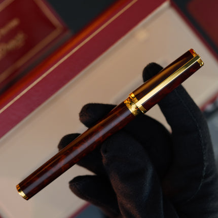 Vintage 1980s S.T. Dupont Montparnasse Fountain Pen – Tortoiseshell Natural Lacquer & 24K Gold Finish – Hallmarked 18K Solid Gold Nib (M) – Full Set NOS