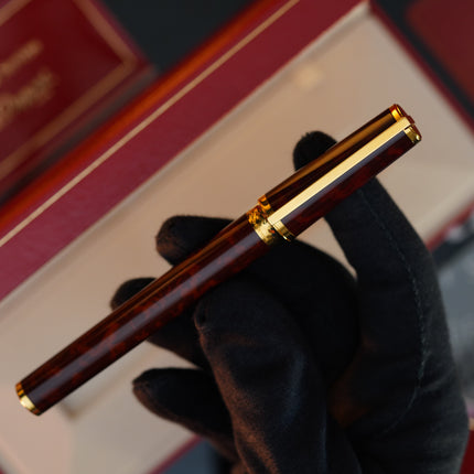 Vintage 1980s S.T. Dupont Montparnasse Fountain Pen – Tortoiseshell Natural Lacquer & 24K Gold Finish – Hallmarked 18K Solid Gold Nib (M) – Full Set NOS