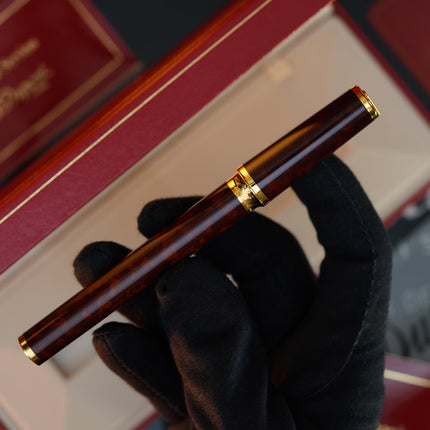 Vintage 1980s S.T. Dupont Montparnasse Fountain Pen – Tortoiseshell Natural Lacquer & 24K Gold Finish – Hallmarked 18K Solid Gold Nib (M) – Full Set NOS