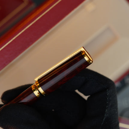 Vintage 1980s S.T. Dupont Montparnasse Fountain Pen – Tortoiseshell Natural Lacquer & 24K Gold Finish – Hallmarked 18K Solid Gold Nib (M) – Full Set NOS