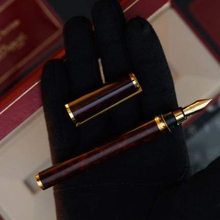 Vintage 1980s S.T. Dupont Montparnasse Fountain Pen – Tortoiseshell Natural Lacquer & 24K Gold Finish – Hallmarked 18K Solid Gold Nib (M) – Full Set NOS