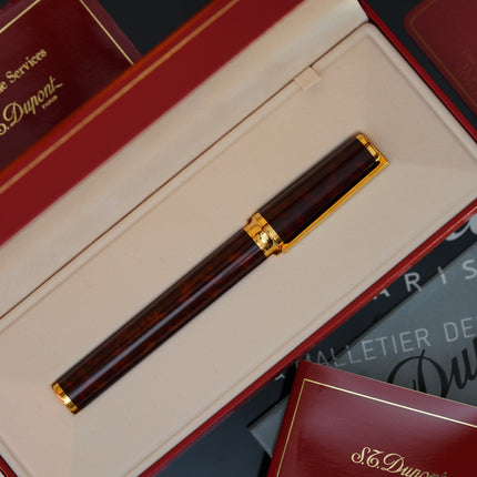 Vintage 1980s S.T. Dupont Montparnasse Fountain Pen – Tortoiseshell Natural Lacquer & 24K Gold Finish – Hallmarked 18K Solid Gold Nib (M) – Full Set NOS