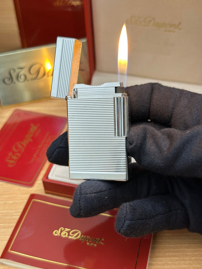 Authentic 1980 St dupont ligne 1 Heavy Silver Plated working amazing / full set with box and documents / pre-owned with initials