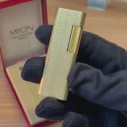 vintage 1970 Rare 24k Gold Finish Myon lighter Paris Made from 1919 with box and documents / working perfect in good condition with initial
