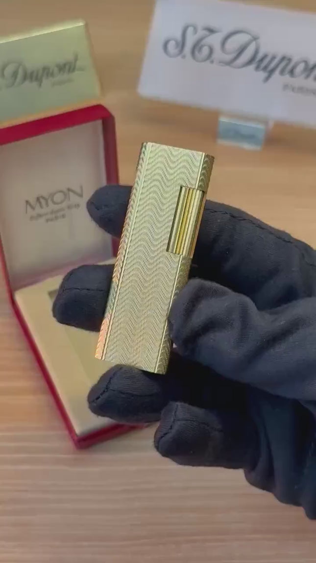 vintage 1970 Rare 24k Gold Finish Myon lighter Paris Made from 1919 with box and documents / working perfect in good condition with initial