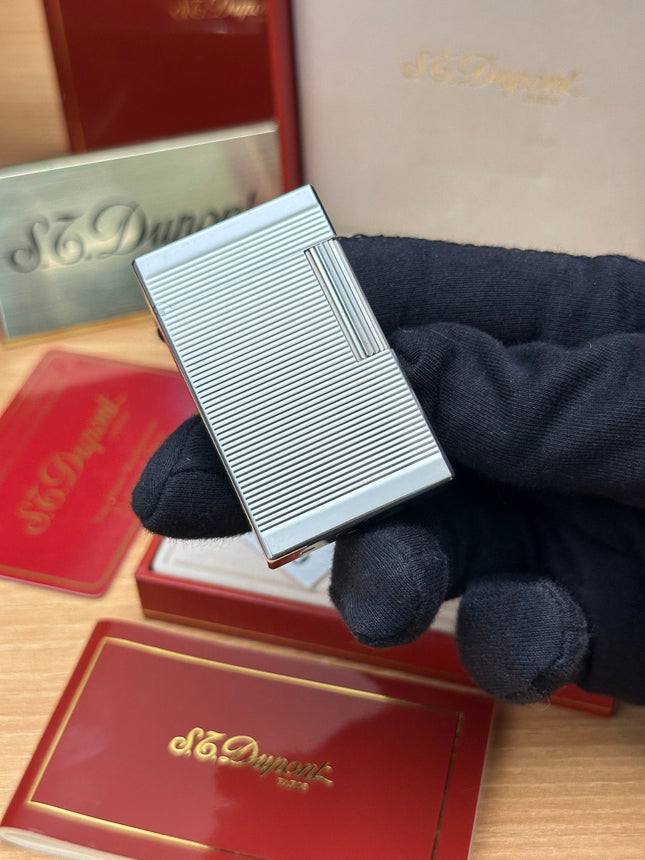 Authentic 1980 St dupont ligne 1 Heavy Silver Plated working amazing / full set with box and documents / pre-owned with initials
